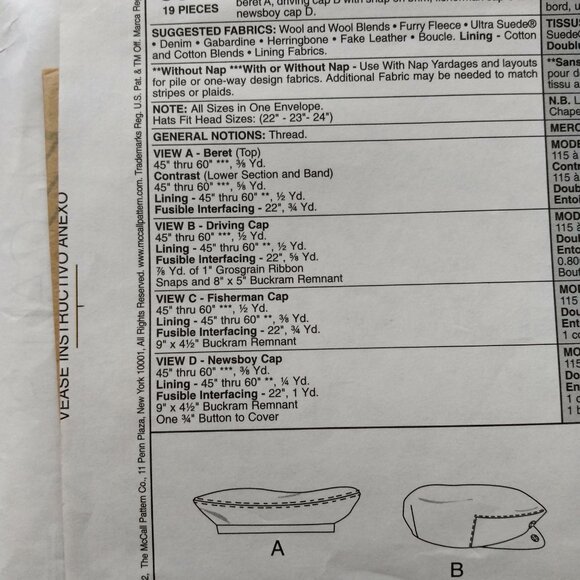 Vintage Hat Sewing Pattern Beret Newsboy Fisherman Driving Caps McCall's 3835 UC - Picture 8 of 11